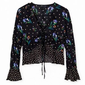 Boho ASOS Mixed Pattern Floral Polka Dot Going Top Black Bell Sleeves Festival S